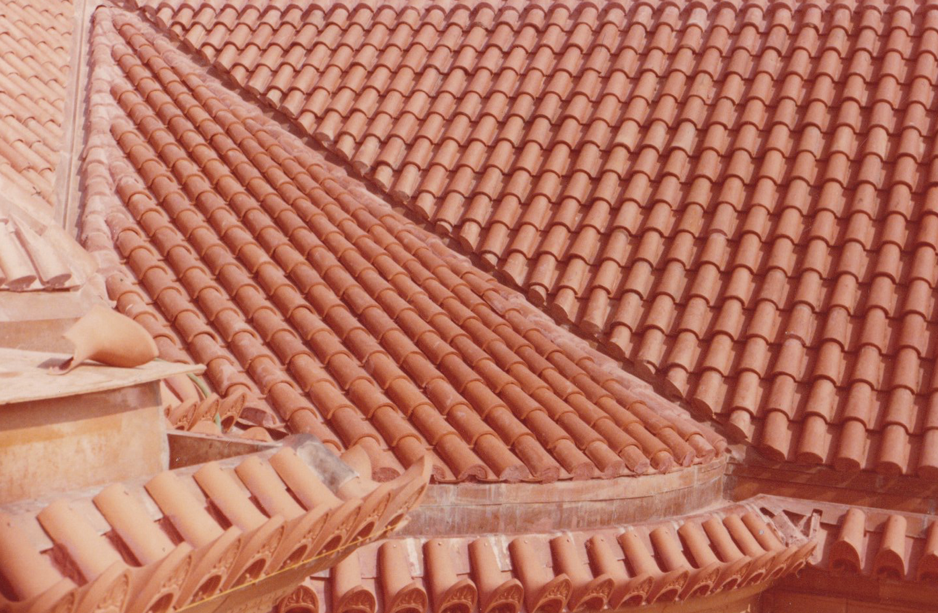 Completed clay tile roof, aerial view