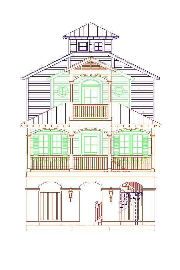 Architectural elevation drawing of a multi-story coastal home