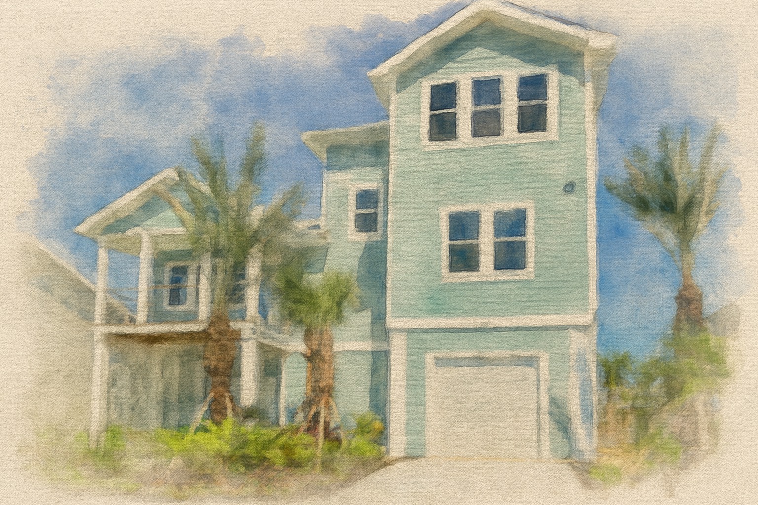 Watercolor rendering of a coastal home design